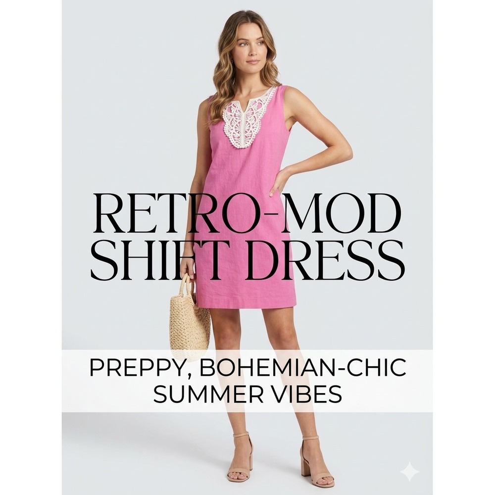 J Howard Pink Shift Dress Retro Mod Crochet Lace Bib Sleeveless Preppy Summer
